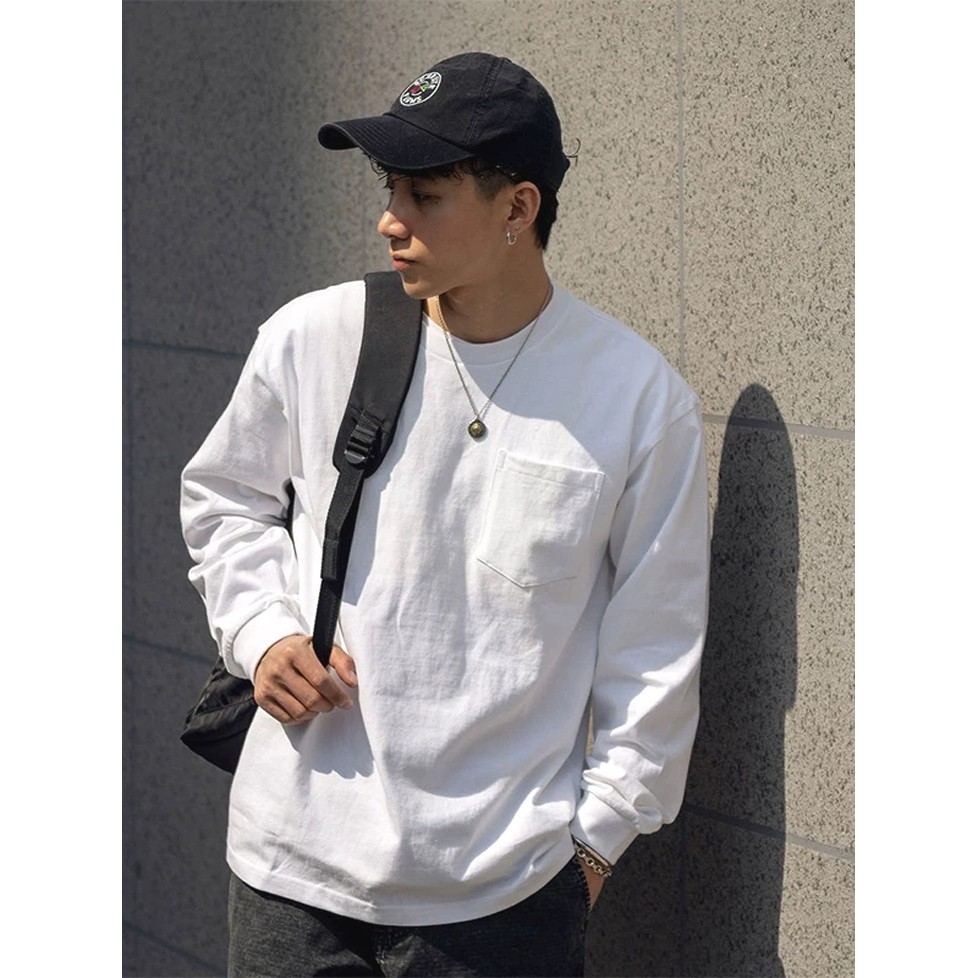 American cityboy Tooling camiseta masculina de algodão respirável bolso solto manga comprida decote pequeno Casual camad