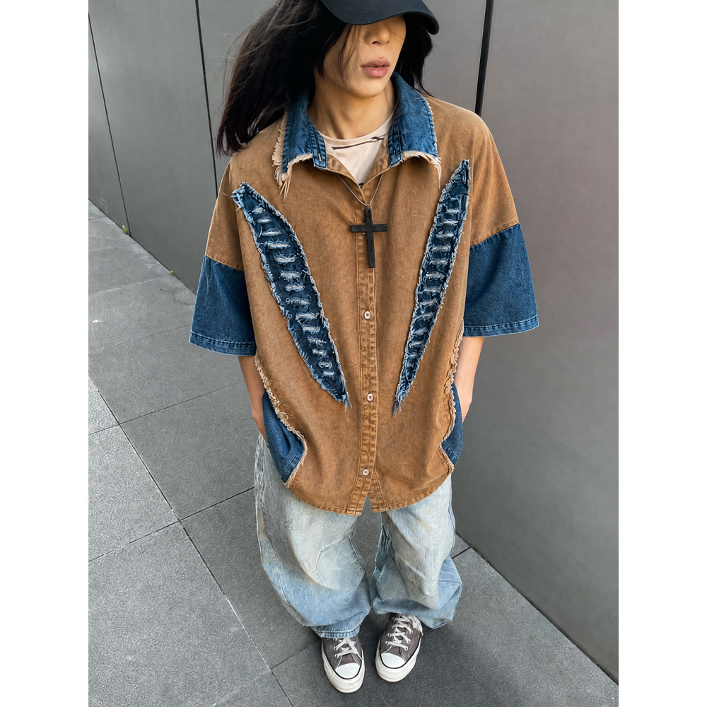 UUCSCC Street Wear Retro vintage Tooling Camisa de manga curta Hip-Hop Angustiado Solto Denim Cinco pontos