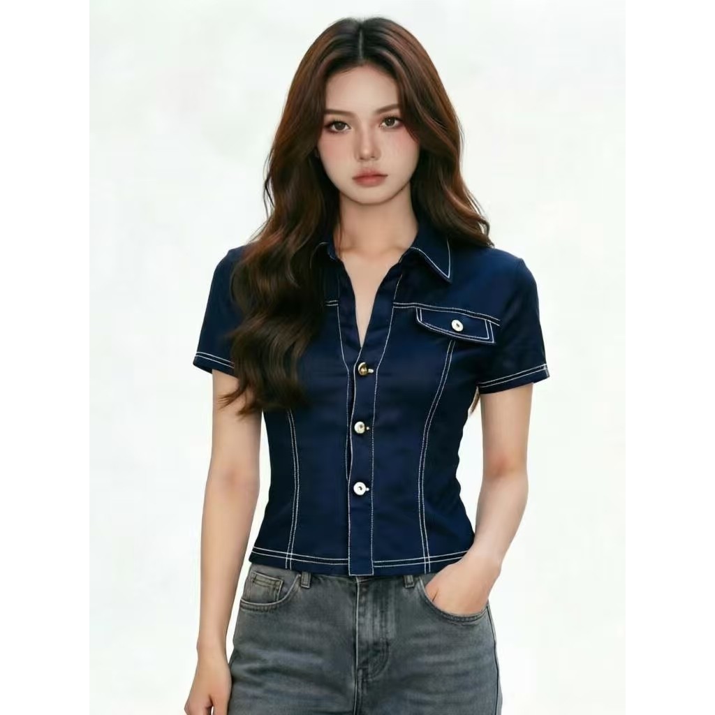 FabGirls Retro Tooling Style Imitação Denim Breasted Costura Camisa de Manga Curta Nicho All-Match Slimmer Look Curto To