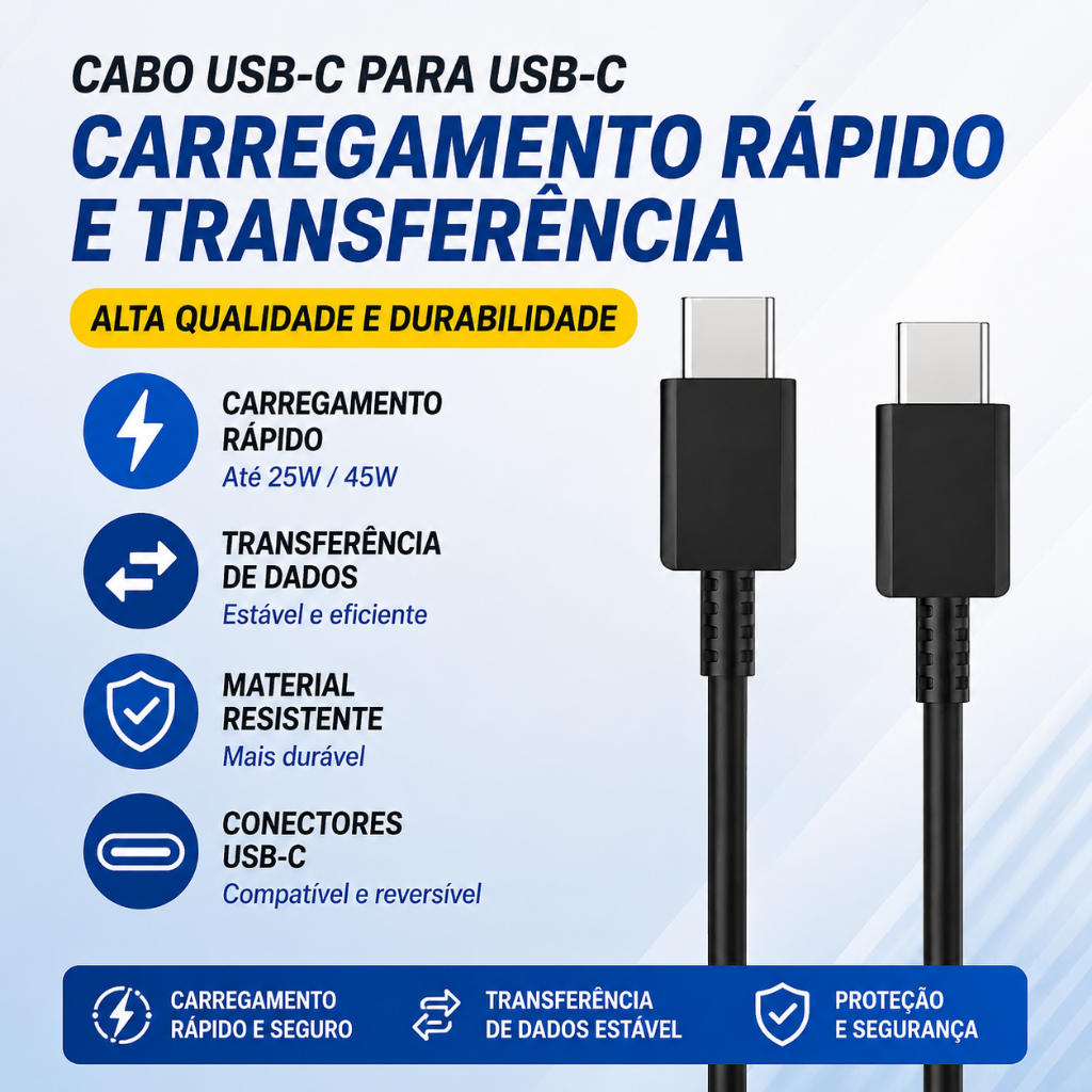Cabo USB-C para USB-C Turbo Compatível com Samsung 25W 45W Carregamento Super Rápido Reforçado