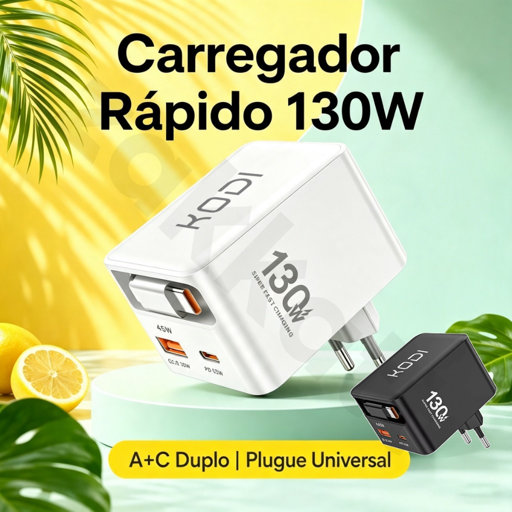Carregador Turbo KODI 130W Type-C USB 25W 35W 45W Carregamento Rápido Bivolt para iPhone Android A3