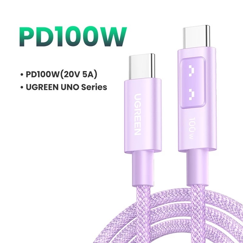 Cabo USB C / Tipo C UGREEN Uno 100W PD carregamento rápido ( 2 Metros Roxo ) Display LED 65W 45W 25W 20W Power Delivery