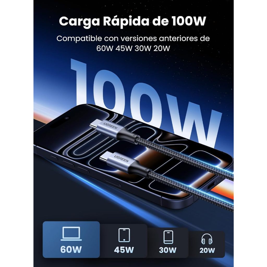 Cabo USB C UGREEN 100W 20V 5A carregamento rápido (1Metro) suporta 60W 45W 25W Galaxy S25 Ultra S24 S23 S22 iPhone 16 15