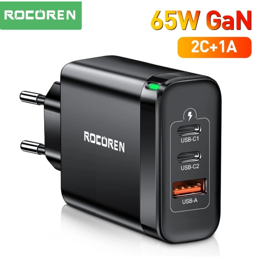 Carregador Rocoren GaN 65W USB Tipo C suporta 45W 30W 25W 20W PD 3.0 PPS QC 4+ AFC SCP FCP (smartphone, tablet, laptop)