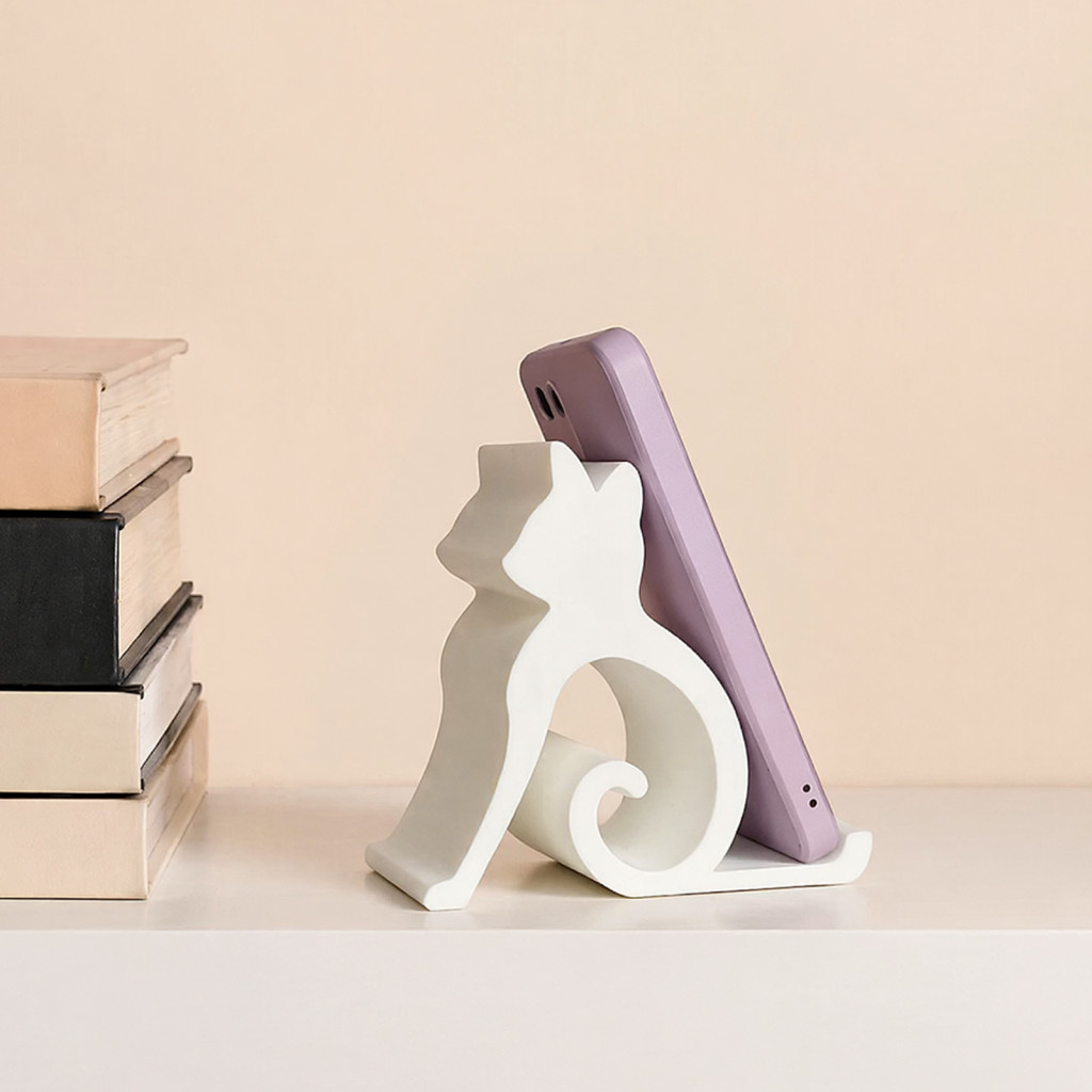 Universal Phone Stand Desktop Cute Cat 3d Printed Curled Tail Kitty Desk Holder for Cell Tablet Lover Gift for Office