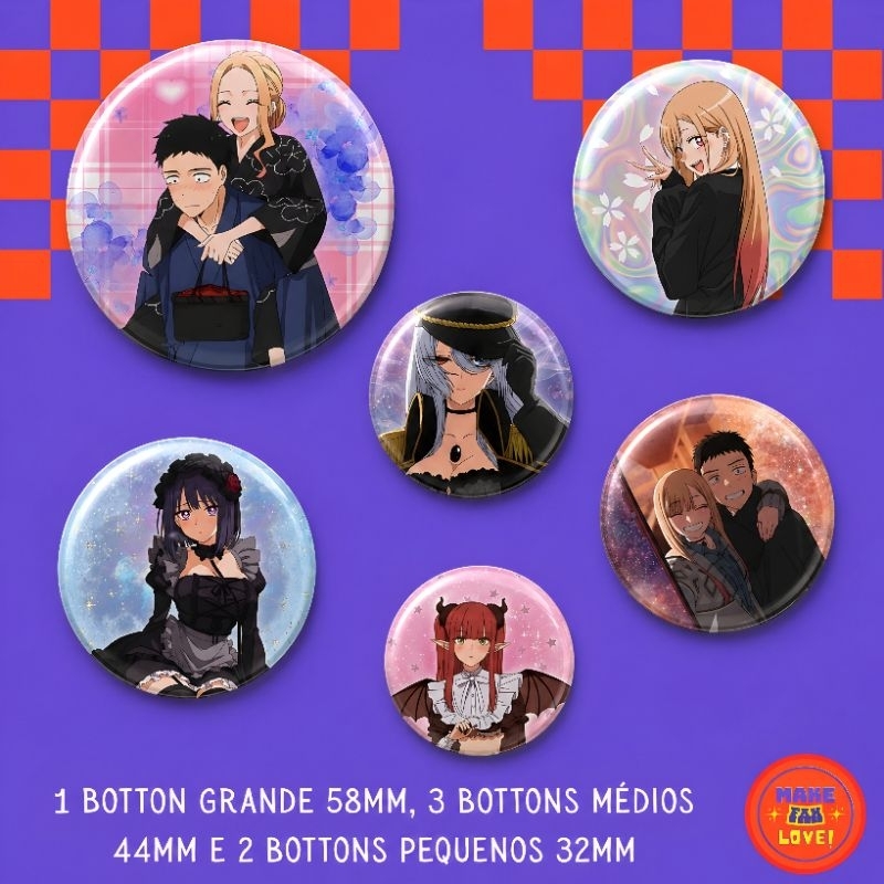 kit 6 Bottons - Anime My Dress Up Darling - Sono Bisque Doll - Marin, Gojo - Pins - Broche