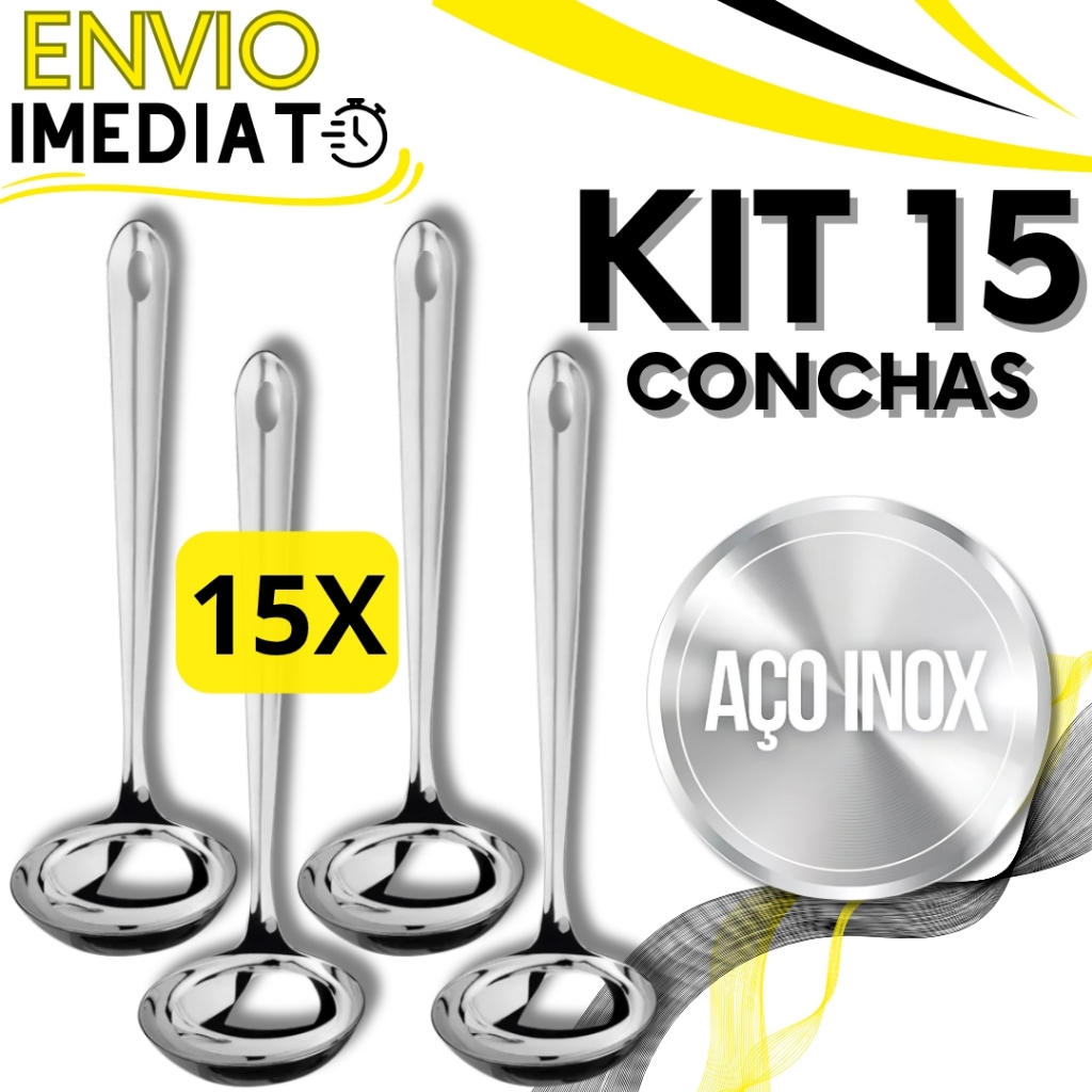 KIT Conjunto 15 Concha de Feijão Inox GRANDE Resistente para Servir Molho Feijão Sopa Caldo Casa Restaurante Buffet