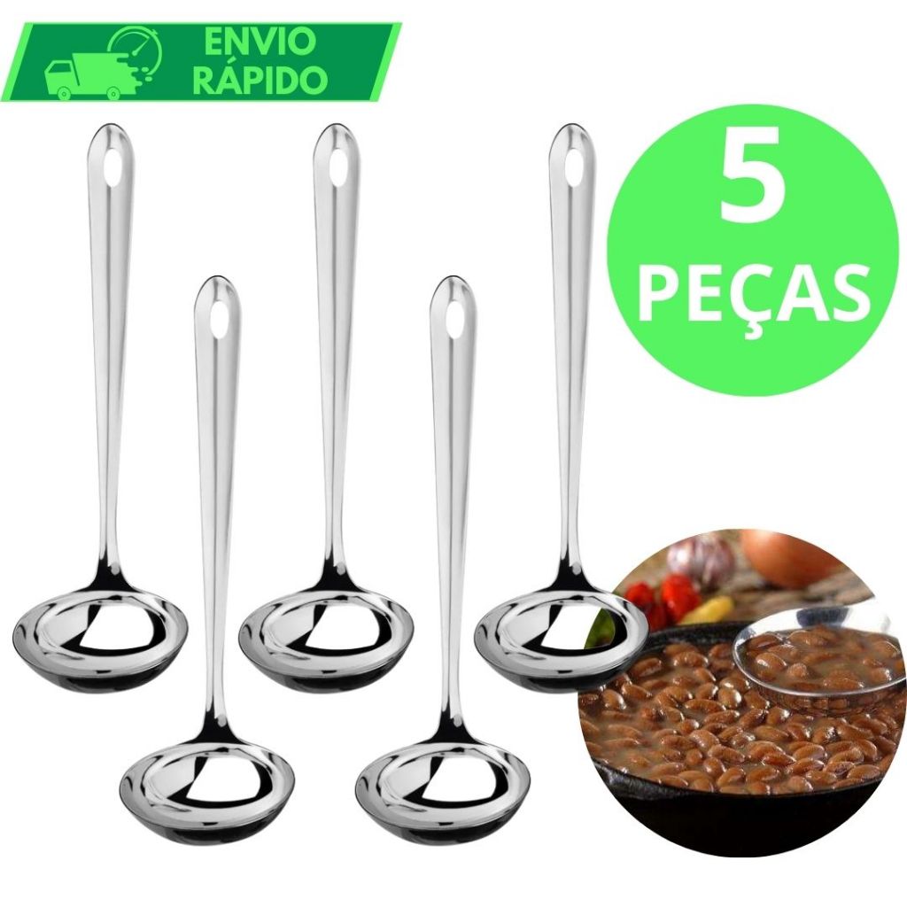 KIT 5 Concha de Feijão 100% Aço Inox GRANDE Ultra Resistente para Servir Molho Feijão Sopa Caldo Casa Restaurante Buffet