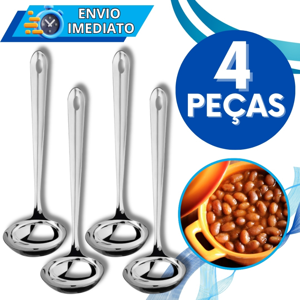 KIT Conjunto 4 Concha de Servir Feijão Molho Caldinho Sopa Inox Polido GRANDE Resistente para Casa Restaurante Buffet