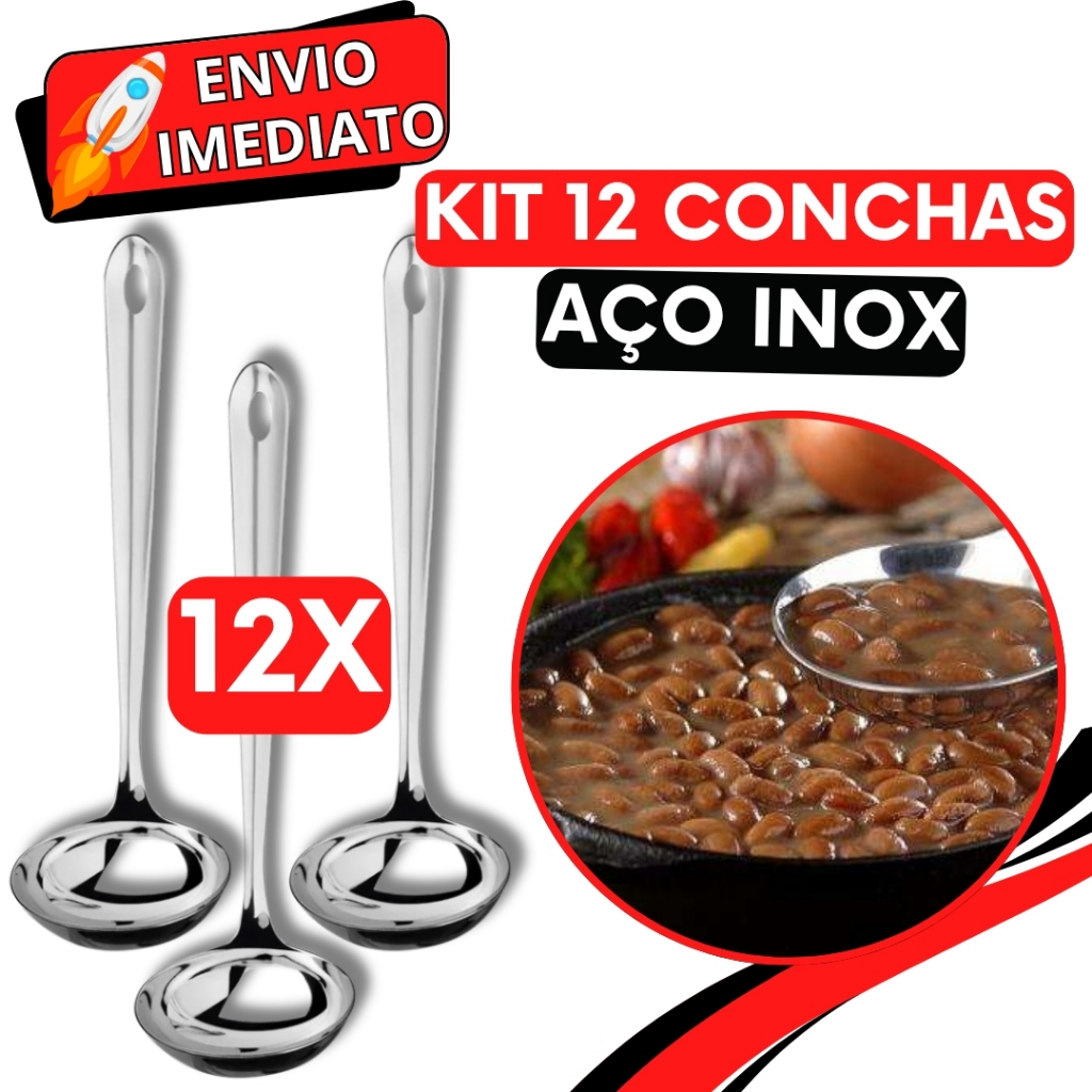 KIT Jogo 12 Concha de Feijão Inox Super Resistente para Servir Molho Feijão Sopa Caldo para Casa Restaurante Buffet