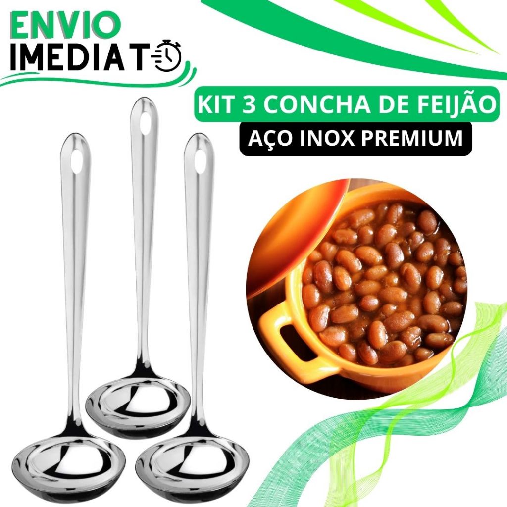 KIT 3 Concha de Feijão Aço Inox GRANDE Super Resistente para Servir Molho Feijão Sopa Caldo Casa Restaurante Buffet