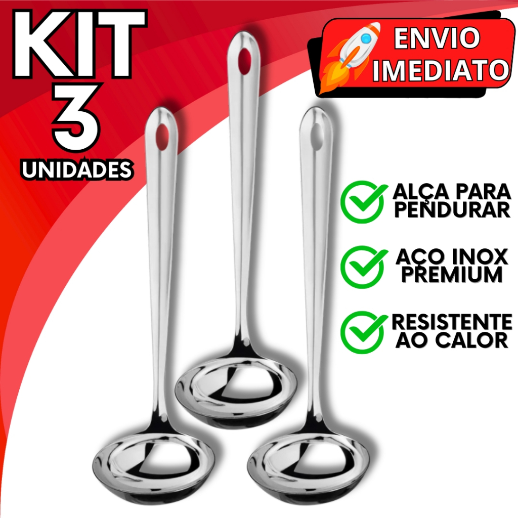 KIT Jogo 3 Concha de Feijão Aço Inox GRANDE Resistente para Servir Molho Feijão Sopa Caldo para Casa Restaurante Buffet