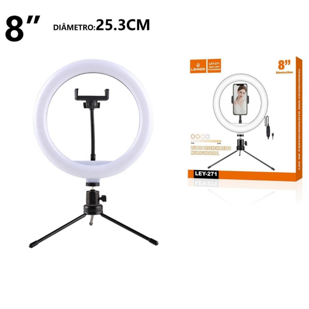 LEHMOX High Light Celular Led 25,3cm com Tripé e Suporte LEY-271 8 Polegadas