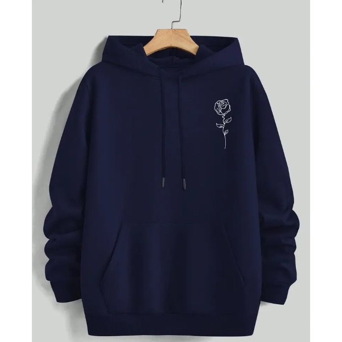 Moletom Casual com Capuz Masculino, Estampa de Rosa, Tecido de Malha Levemente Elástico, Modelagem Regular