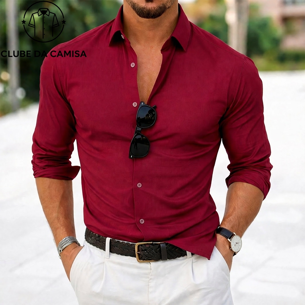 Camisa Masculina de Manga Longa com Bolso Tecido Levemente Elástico, Ideal para Trabalho e Lazer