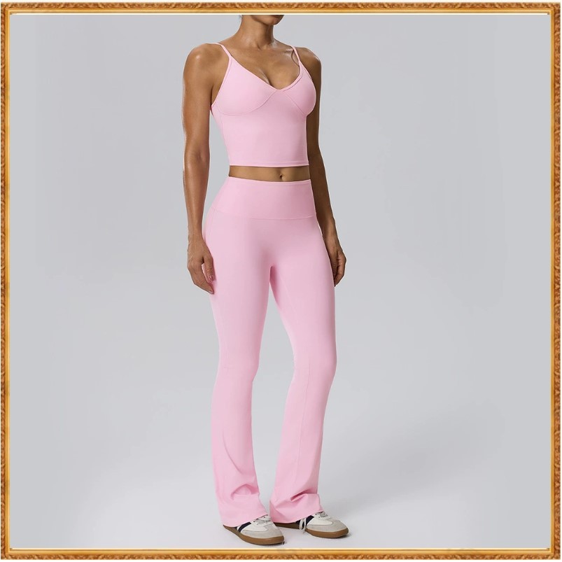 Conjunto esportivo LULU com tecido felpudo em ambos os lados, top de yoga + calça longa com corte levemente flare, conju