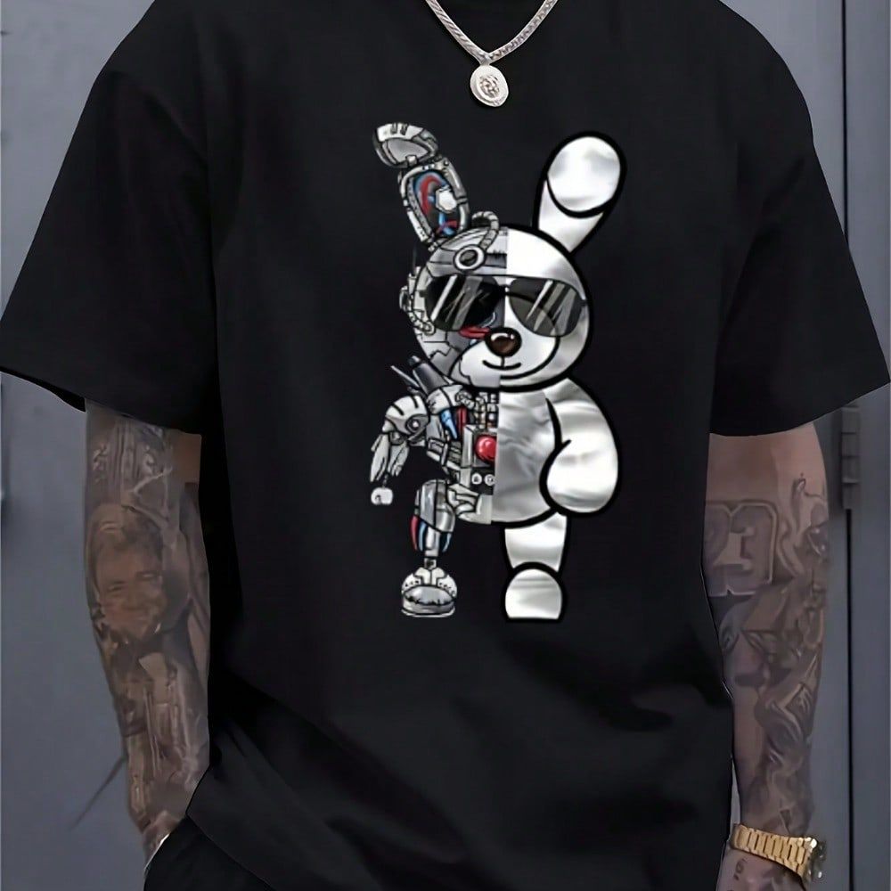 Camiseta Casual de Manga Curta para Homens, Design de Urso Mecânico, Tecido de Malha Levemente Elástico