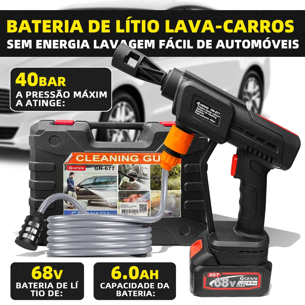 68V Lavadora de alta press¤o portÃ¡til com pistola e acessórios Bateria de Litio 6.0Ah
