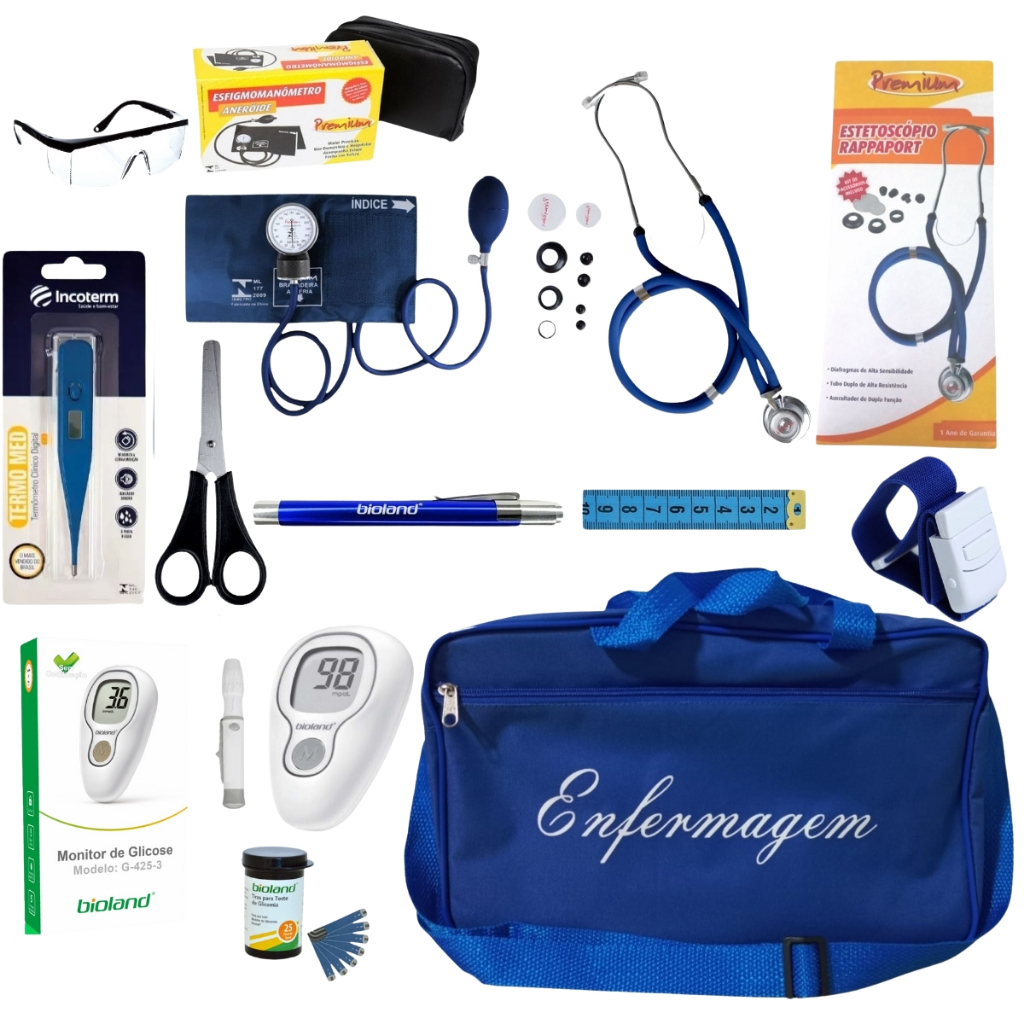 Kit De Enfermagem Azul Premium Com Glicossímetro Completo
