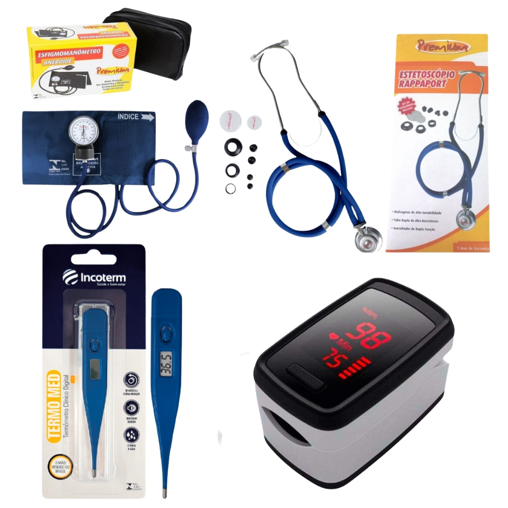 kit com Oxímetro esfigmomanômetro esteto duplo e termômetro AZUL Premium