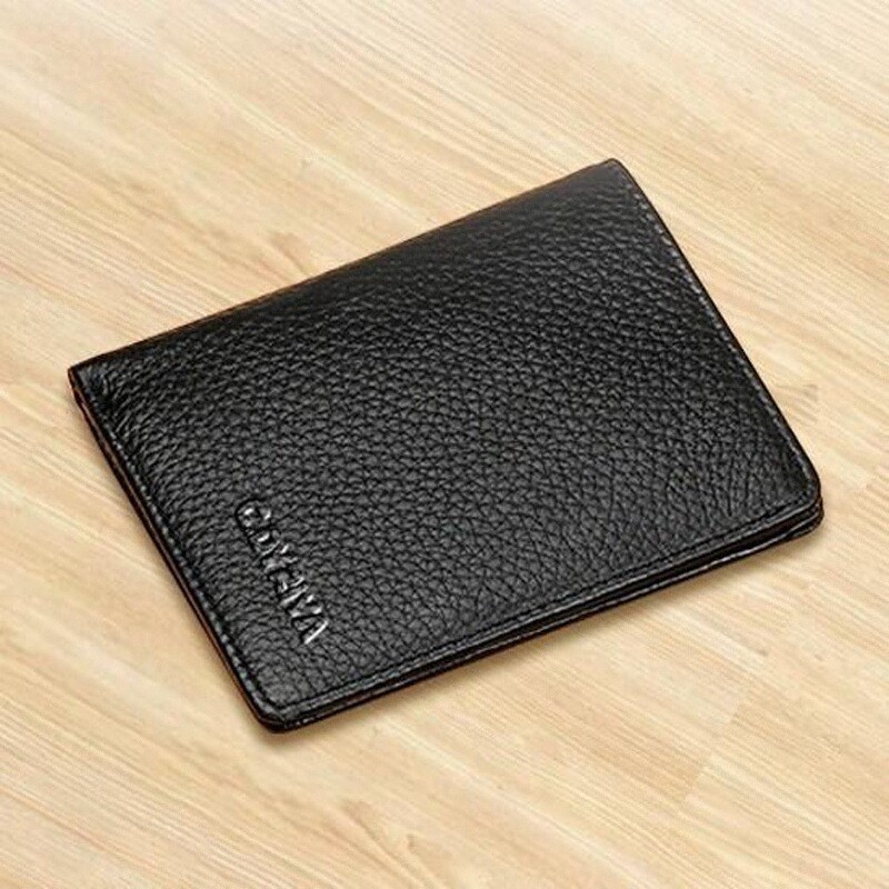 Oficial de couro genuíno curto pequena carteira masculina Ultra-fino Mini titular do cartão simples primeira camada dobr