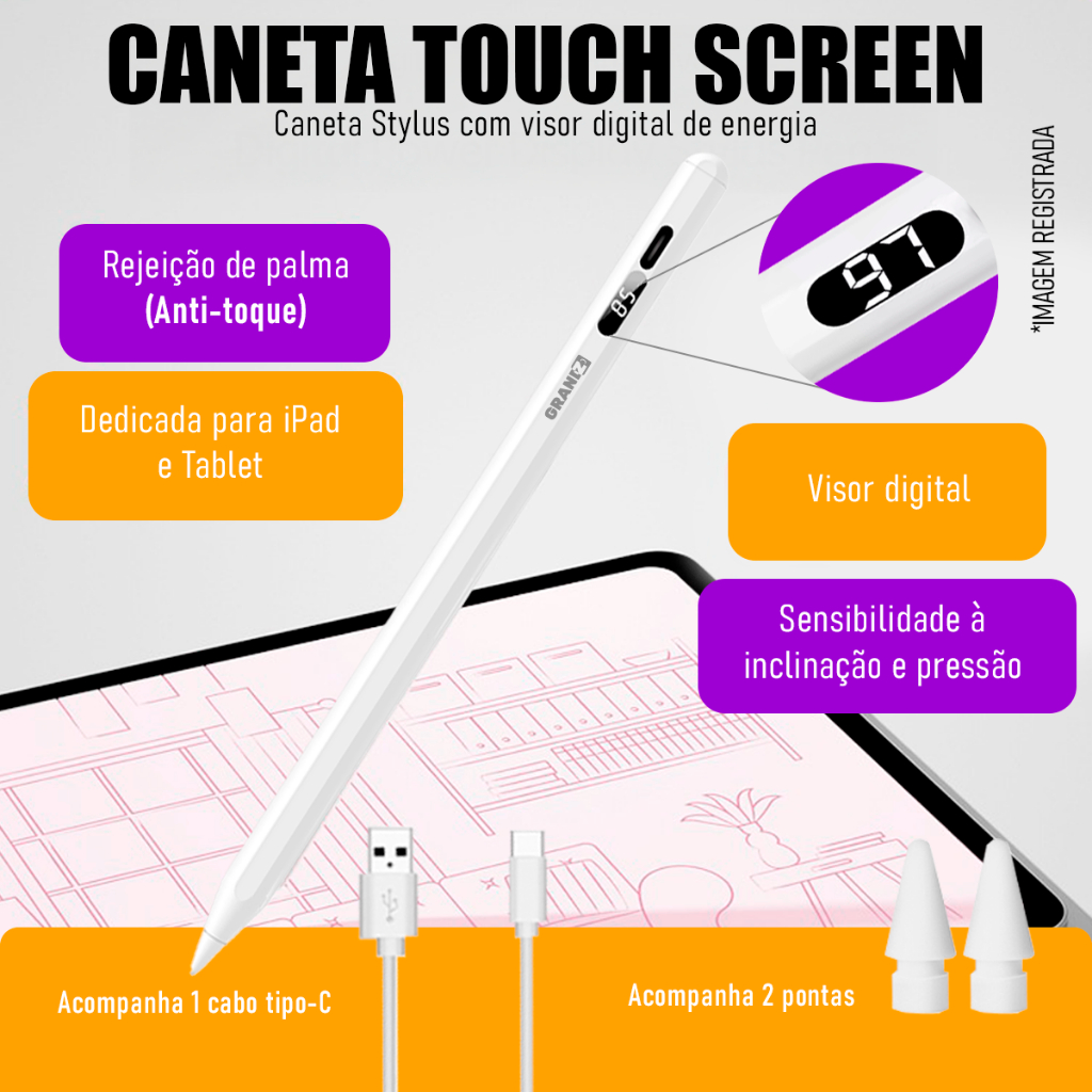 Caneta Pencil 10ª Geração para iPad Air/Pro/Mini Rejeição da Palma Inclinação Design Ergonômico