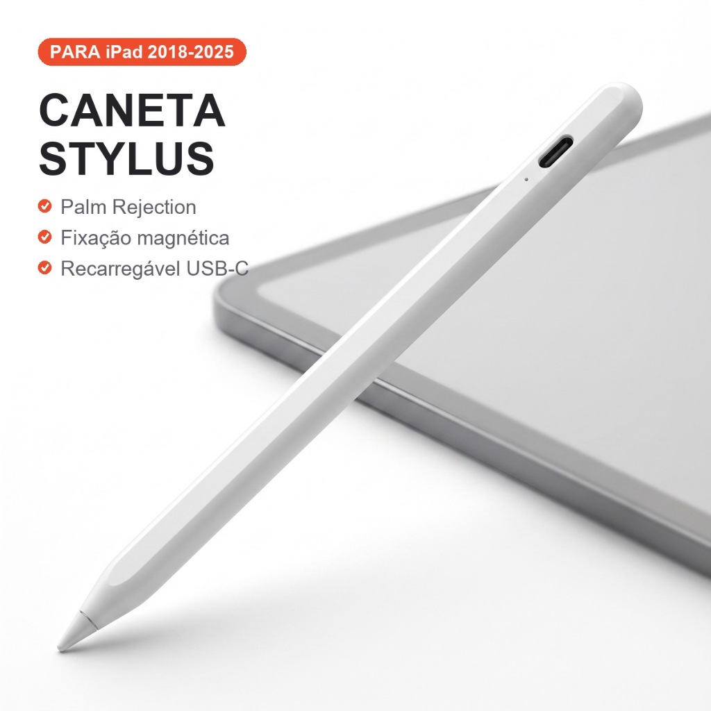 Caneta Touch Stylus Hrebos iPad Palm Rejection Magnética Recarregável USB-C Pro 11 12.9 Air 4 5 Gen 7 8 9 10