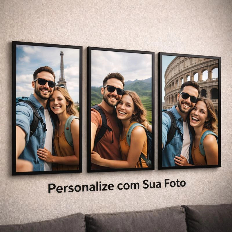 Quadros 3 Peças Decorativos Personalizados Com Foto de Casal Familia Logo Filme Viagens Sala Quarto