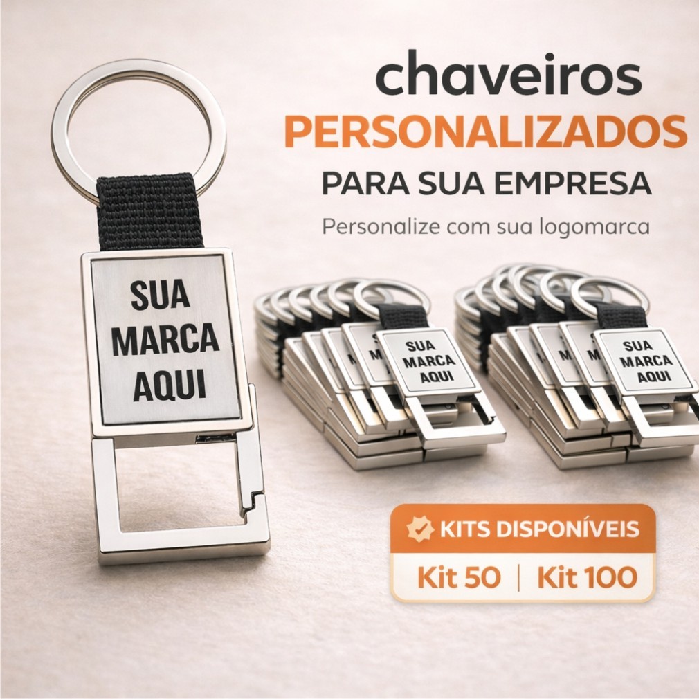 Chaveiro Mosquetão Metálico Personalizado com Logo | Gravação a Laser Kit 50/100un