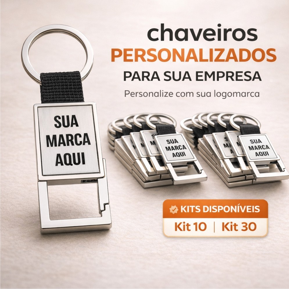 Chaveiro Mosquetão Metálico Personalizado com Logo | Gravação a Laser Kit 10/30un