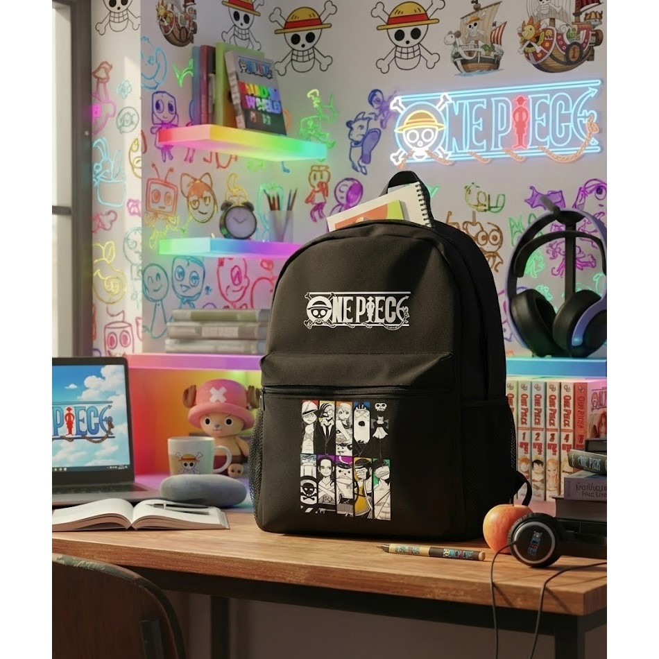 Mochila One Piece Logo Prata Viagem Escolar Casual Infantil Juvenil Adulto Unissex