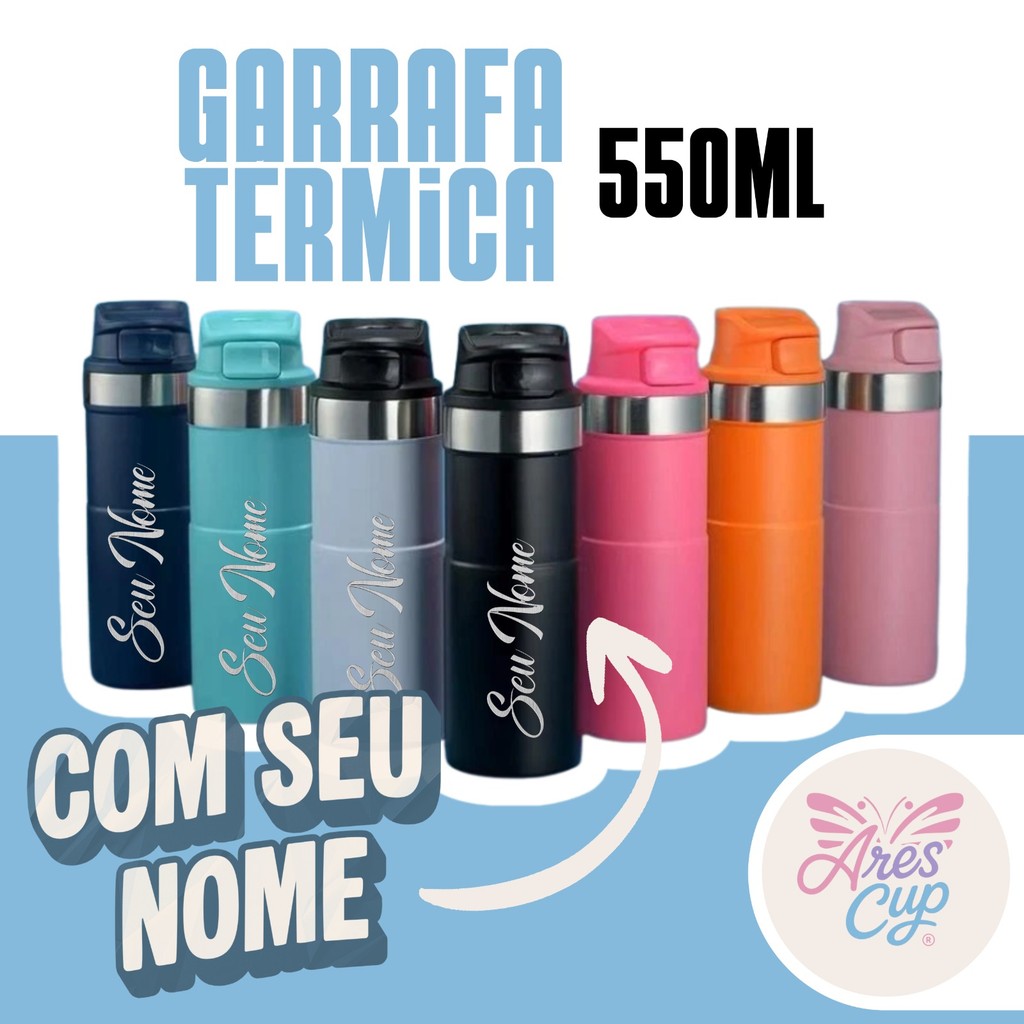 Garrafa Térmica 550ML Com Seu Nome/Logo ou Sem - Água Gelada , Antivazamento, BPA Free - Academia/Trabalho/Viagem