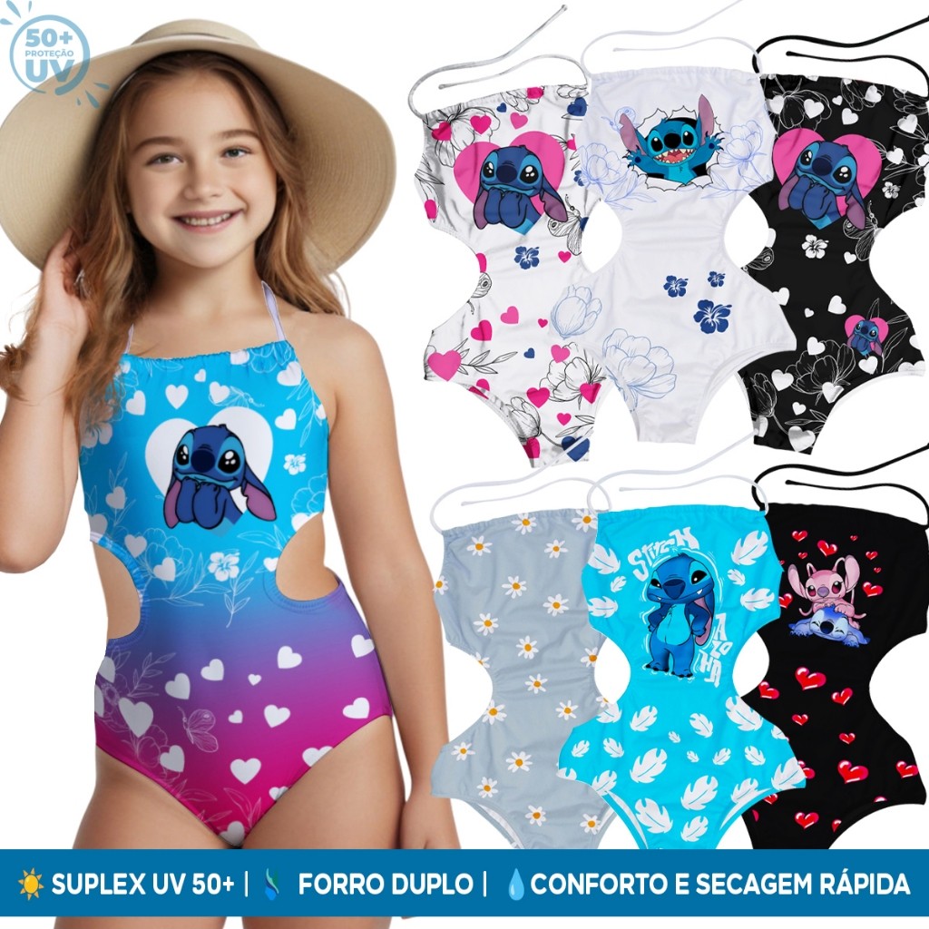 Maiô Infantil Stitch Floral Body Forrado Estampado Proteção Solar UV50+ Praia Natação