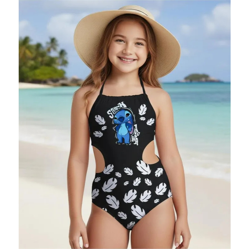 Maiô Infantil Lilo & Stitch – Estampa Aloha Ohana Floral Preto Forrado com Proteção UV50+