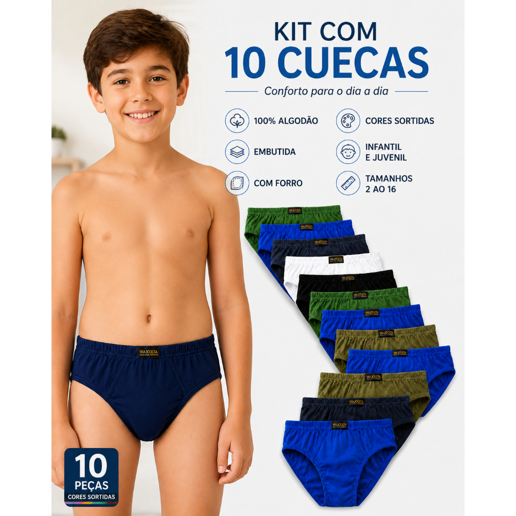 KIT 10 CUECA MENINO INFANTIL JUVENIL ALGODÃO PREMIUM FORRADA 2 AO 16
