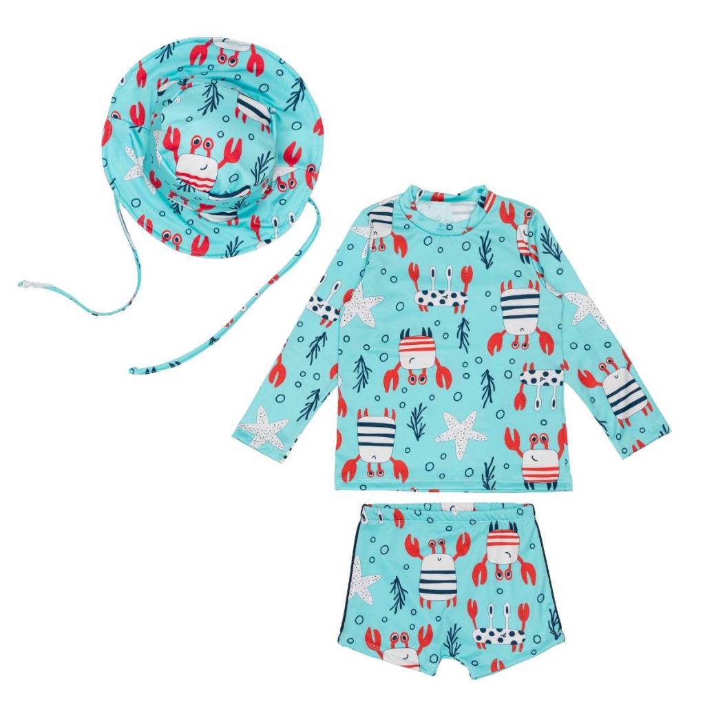Conjunto Menino Praia Bebê Infantil Blusa Manga Longa e Sunga Forrada + Chapéu Proteção Solar UV
