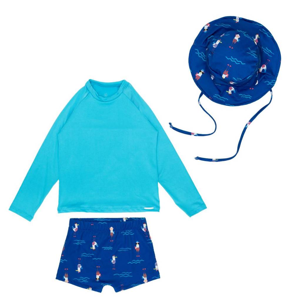 Conjunto Infantil Menino Blusa Manga Longa e Sunga Forrada Praia + Chapéu Proteção Solar Uv Bebê