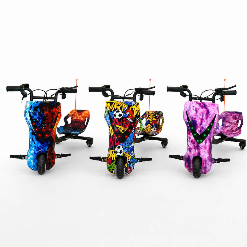 Triciclo Drift Elétrico Infantil 250W 36V Gira 360 Mini Moto 25km Suporta Até 100kg LED Bluetooth Kit Proteção