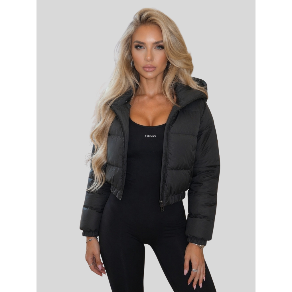 Jaqueta Feminina Puffer Bobojaco Curta Com Toca Removível Nylon Impermeável Inverno 2024