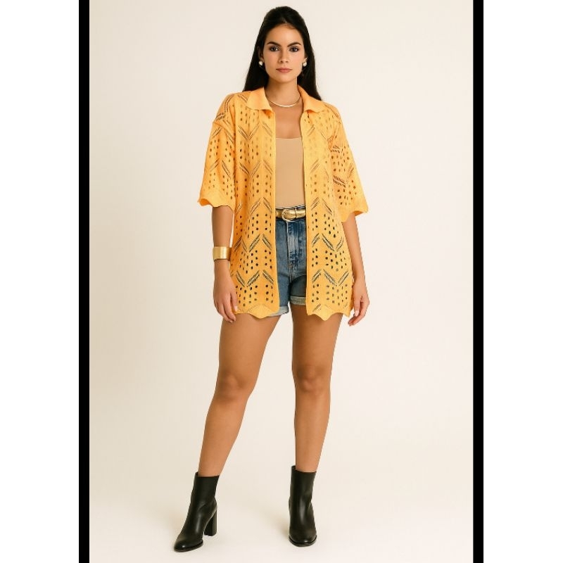 cardigã feminino camisa rendada manga curta kimono