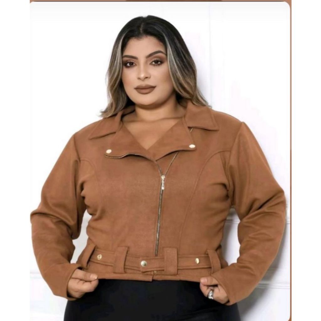 Jaqueta curta suede plus size 1524