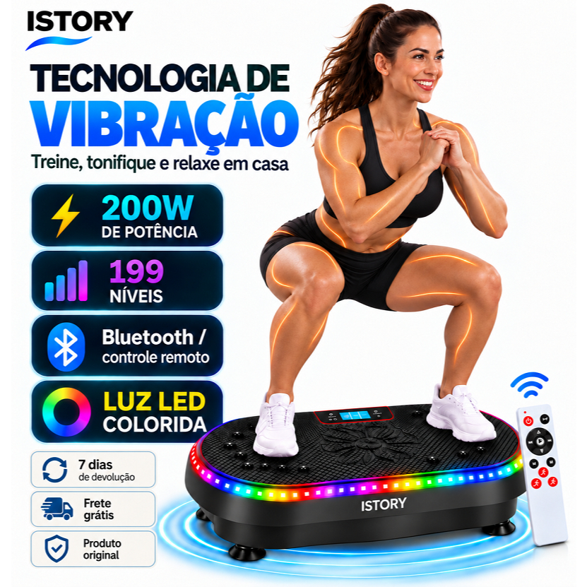 Plataforma Vibratória Bivolt 110V/220V, 199 Níveis de Intensidade, Bluetooth com Controle Remoto, Fitness em Casa