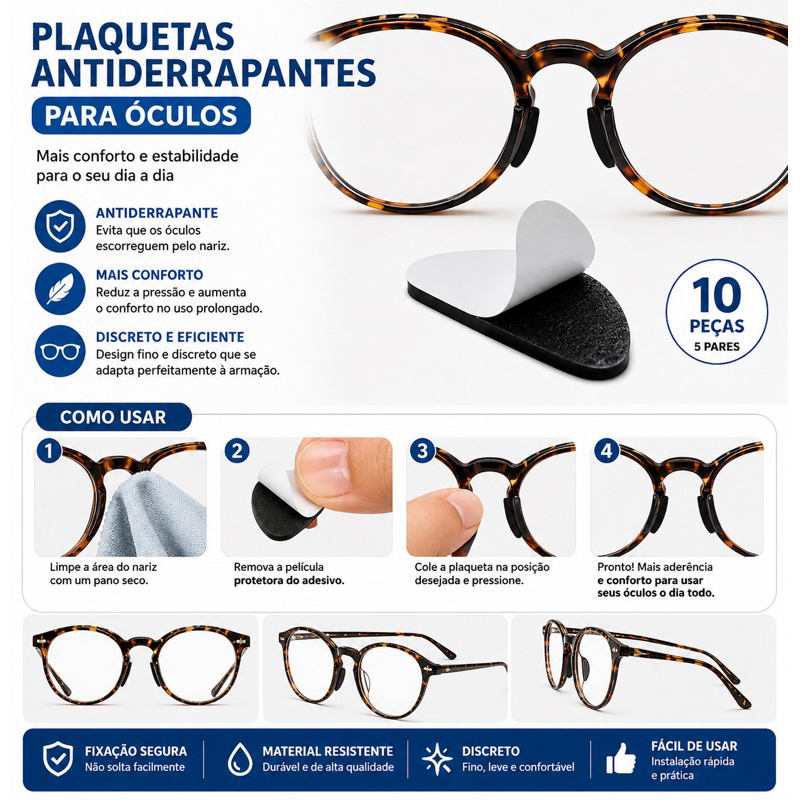 Plaquetas Antiderrapantes Adesivas para Óculos – Silicone Confortável  5 Pares (10 Peças)