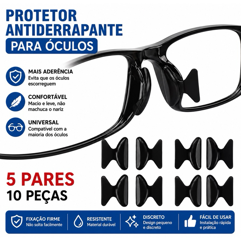 Protetor Antiderrapante Adesivo para Óculos – Kit com 5 Pares (10 Peças) – Silicone Macio Transparente ou Preto