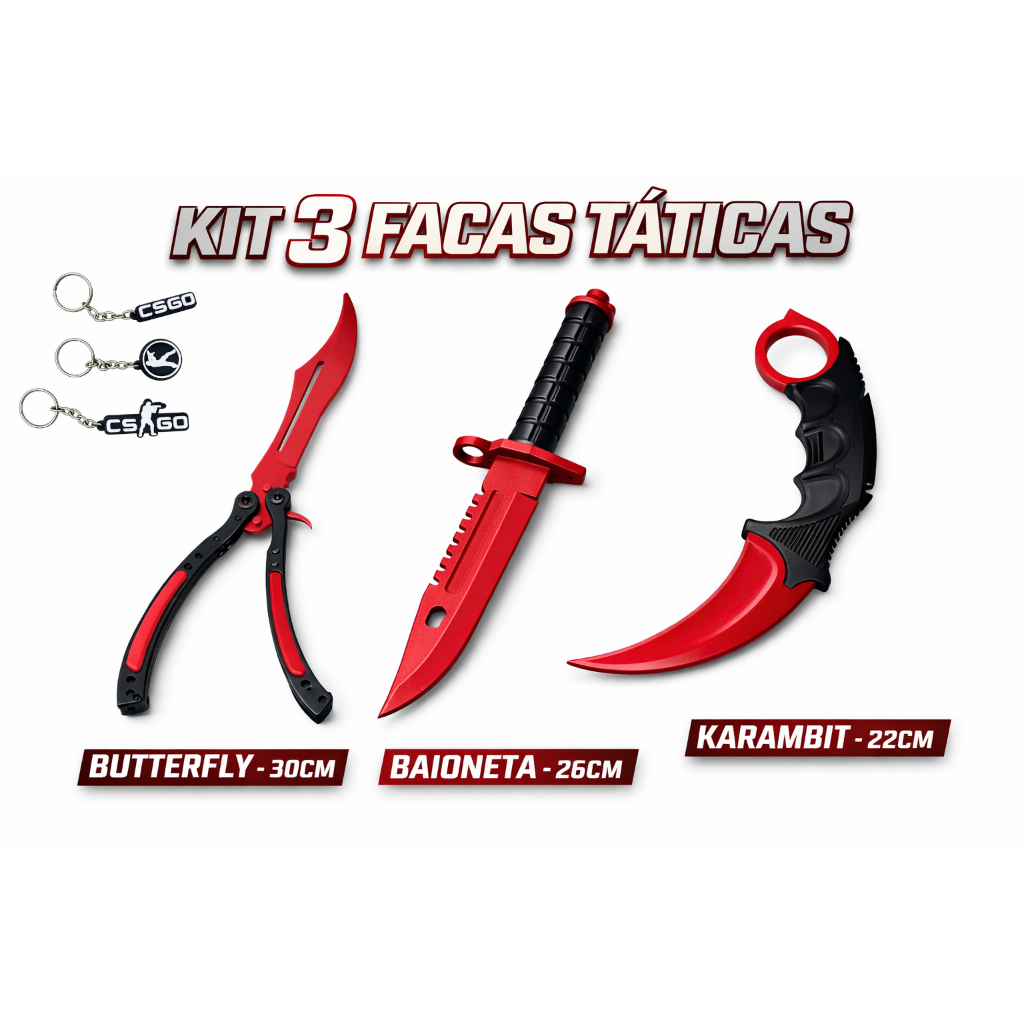 Kit 3 Facas CS2 Gamer -Karambit, Butterfly e Baioneta + Chaveiro Brinde - Decoração / Cosplay