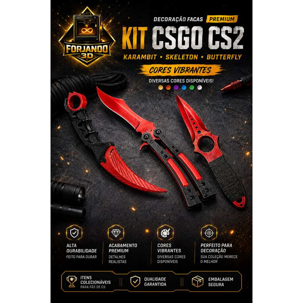 Kit Facas CSGO CS2 Premium Karambit Skeleton Butterfly | Diversas Cores Vibrantes | Decoração Gamer | Envio em 24 Horas