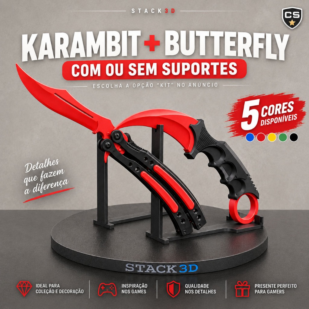 Kit Faca Karambit Treino + Faca Butterfly Treino CS2 / GO + Opção Suporte Expositor
