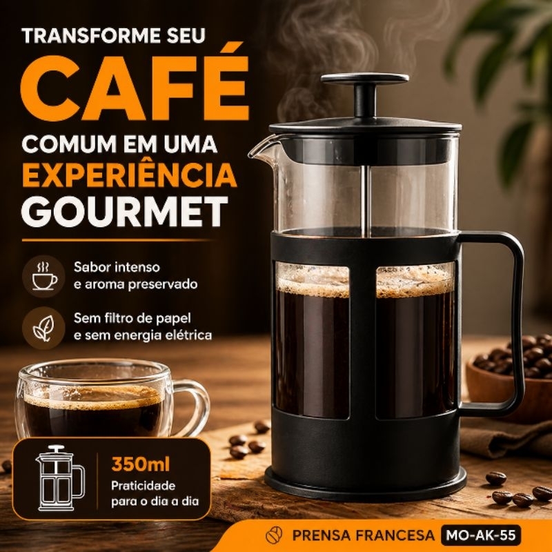 Prensa Francesa 350ml Cafeteira Manual Vidro Inox Café e Chá Sabor Intenso Portátil