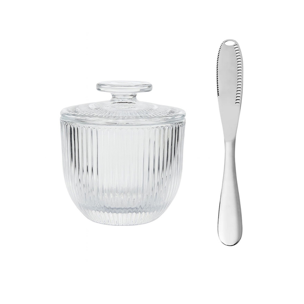Kit Faca Inox + Manteigueira Vidro Francesa Mesa Posta Linda Elegante Café Manhã Tarde Mesa Cozinha