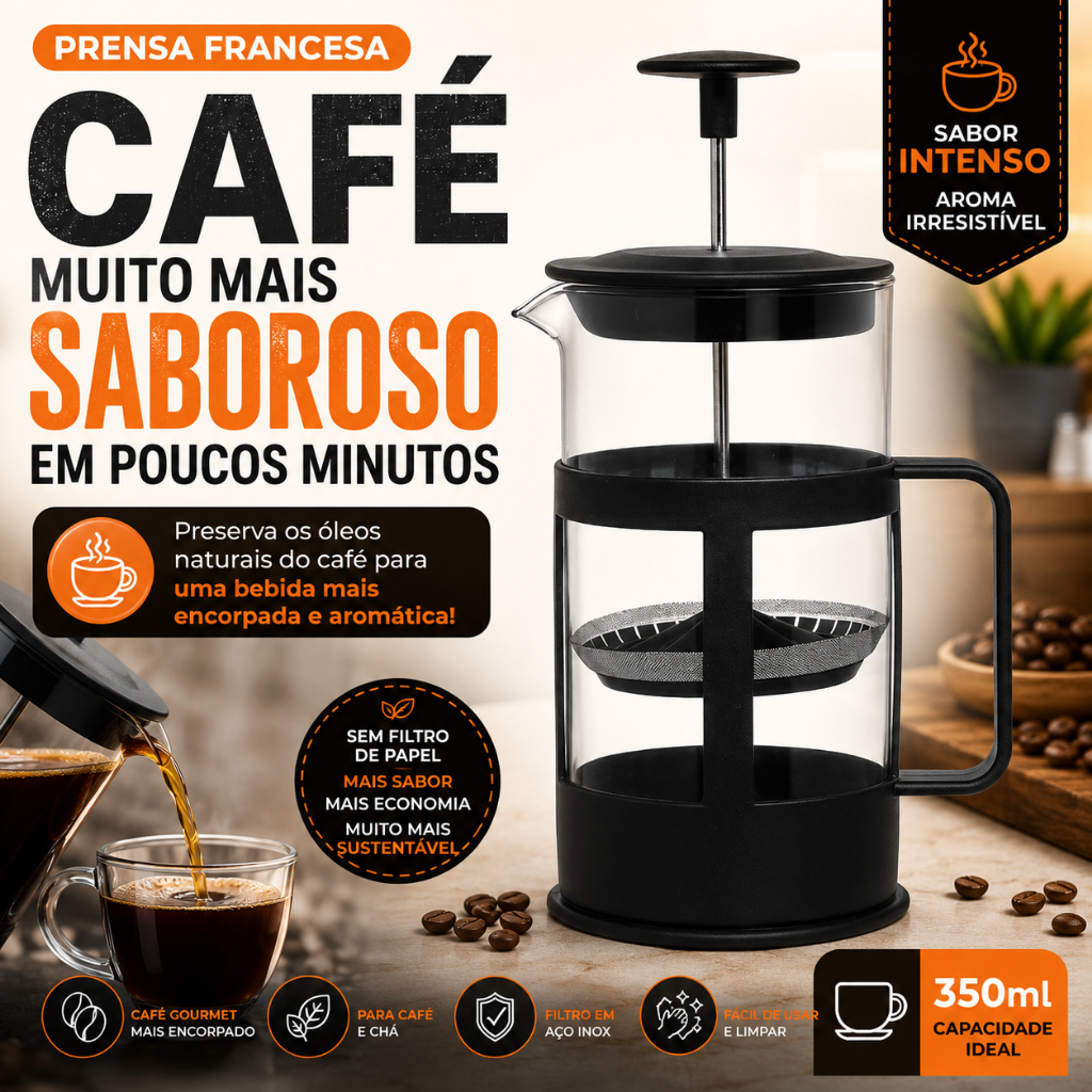 Cafeteira Prensa Francesa 350ml Vidro Borossilicato Filtro Inox para Café e Chá MO-AK-55